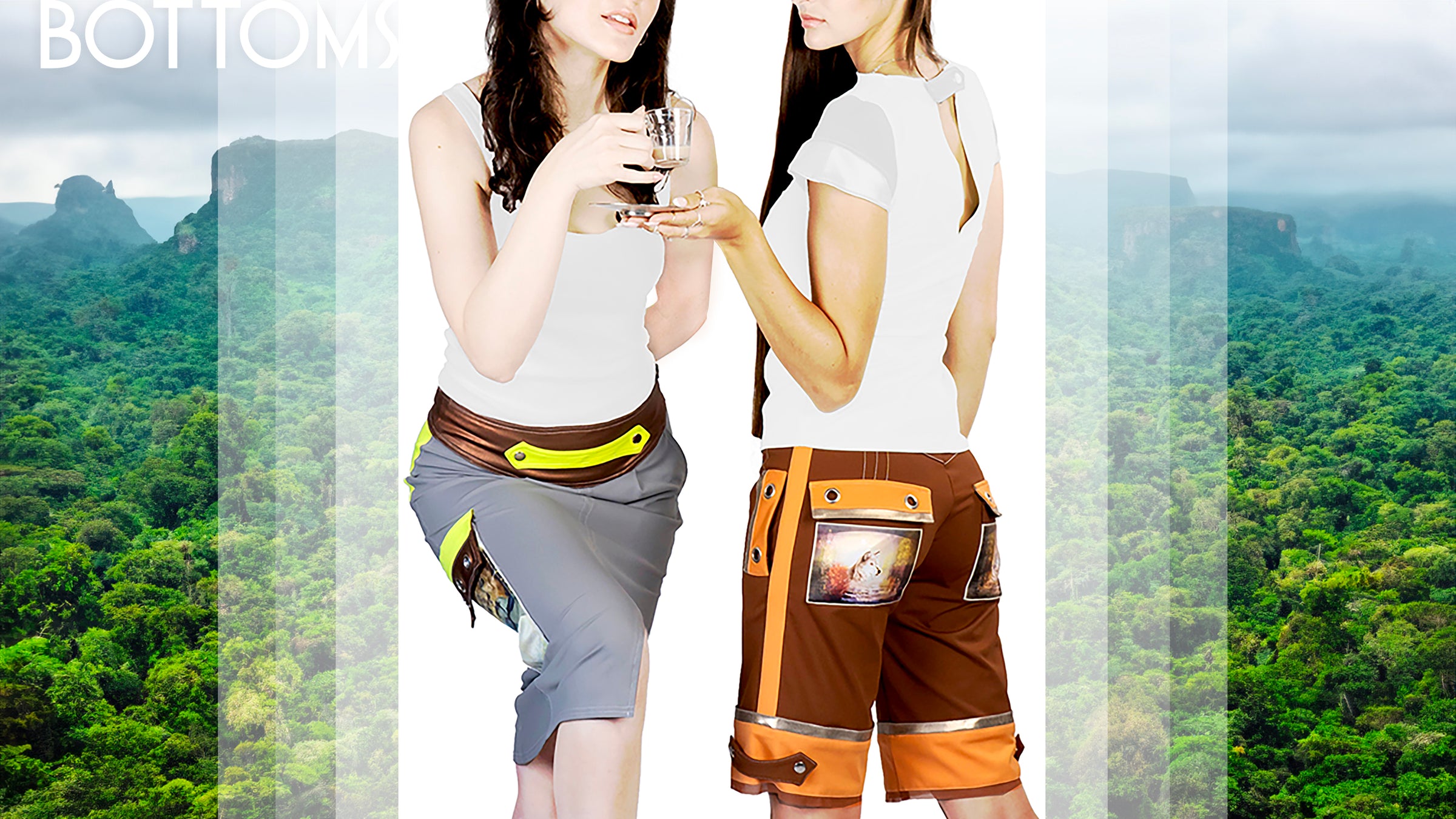 2 models against rainforest background showing off the gray with lime and copper accent pencil skirt and the other wearing brown with orange and copper accent shorts sipping espresso