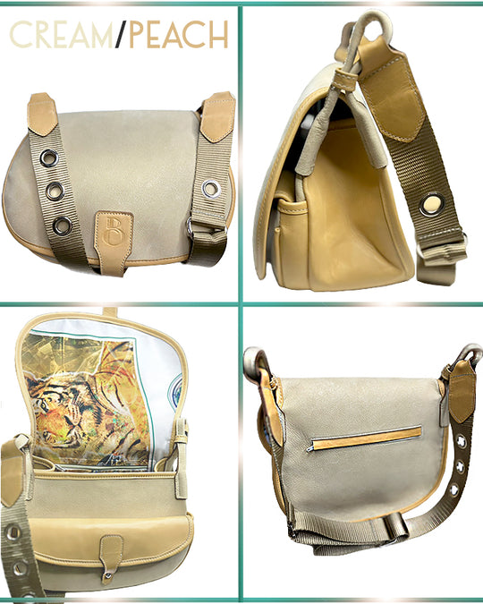 Four views of the Jacksoni Saddlebag in cream/peach color combination, including front, side, back and inside view. 