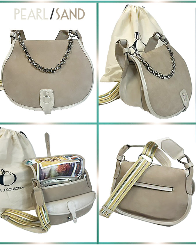Four views of the Jacksoni Saddlebag in peal/sand color combination, including front, side, back and inside view. 