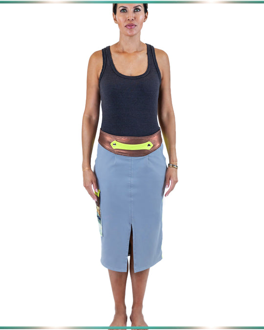 model facing forward wearomg gray, pencil skirt with lime detail strap on copper color waistband