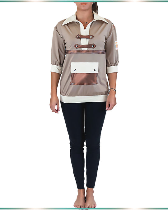 A model wearing a color-blocking blouse in neutral colors facing forward.