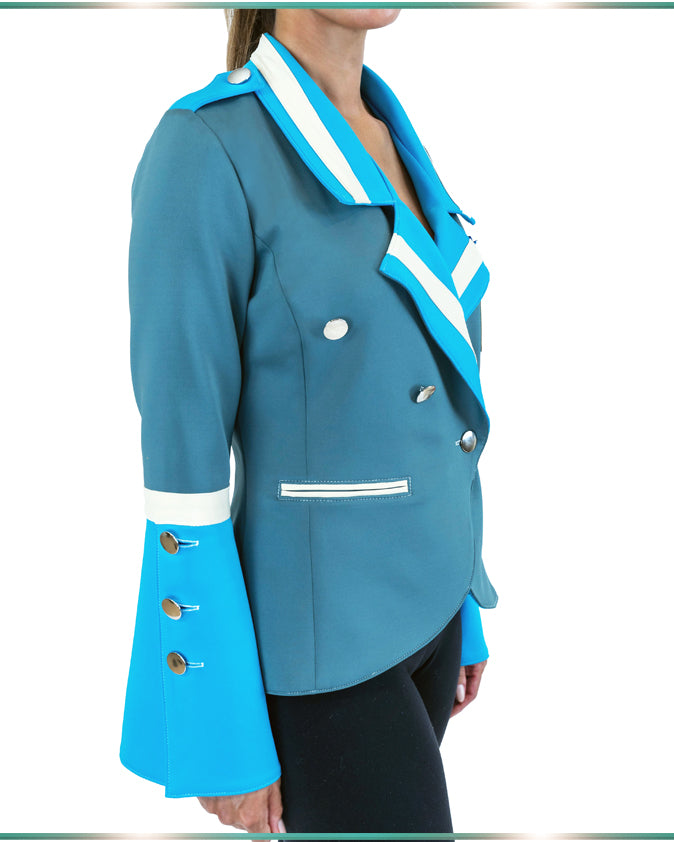 model from the side view showing off flared sleeves on the color blocking jacket
