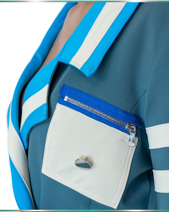 close up of the jacket front showing off the zipper and pocket area highlighting trims and craftsmenshp