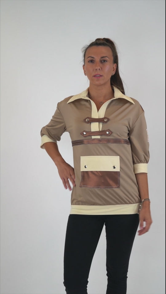 a video showing the model wearing the blouse turing around to show 360 degree view in the rythm of music.