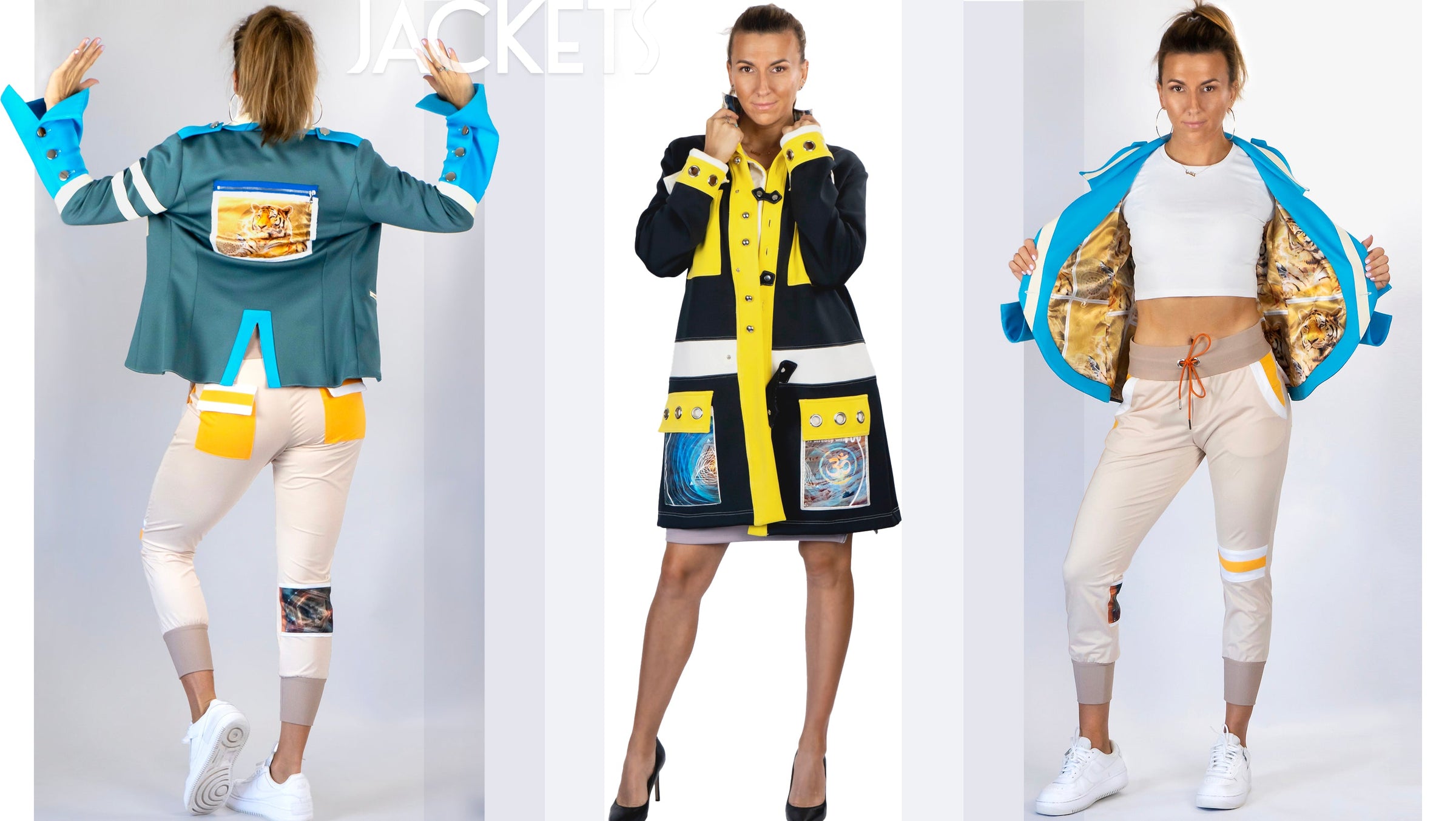 3 views of the trendy jackets, fashionable front and back of the blue/green jacket showing artwork lining and stylish black and yellow/white accent jacket in the middle
