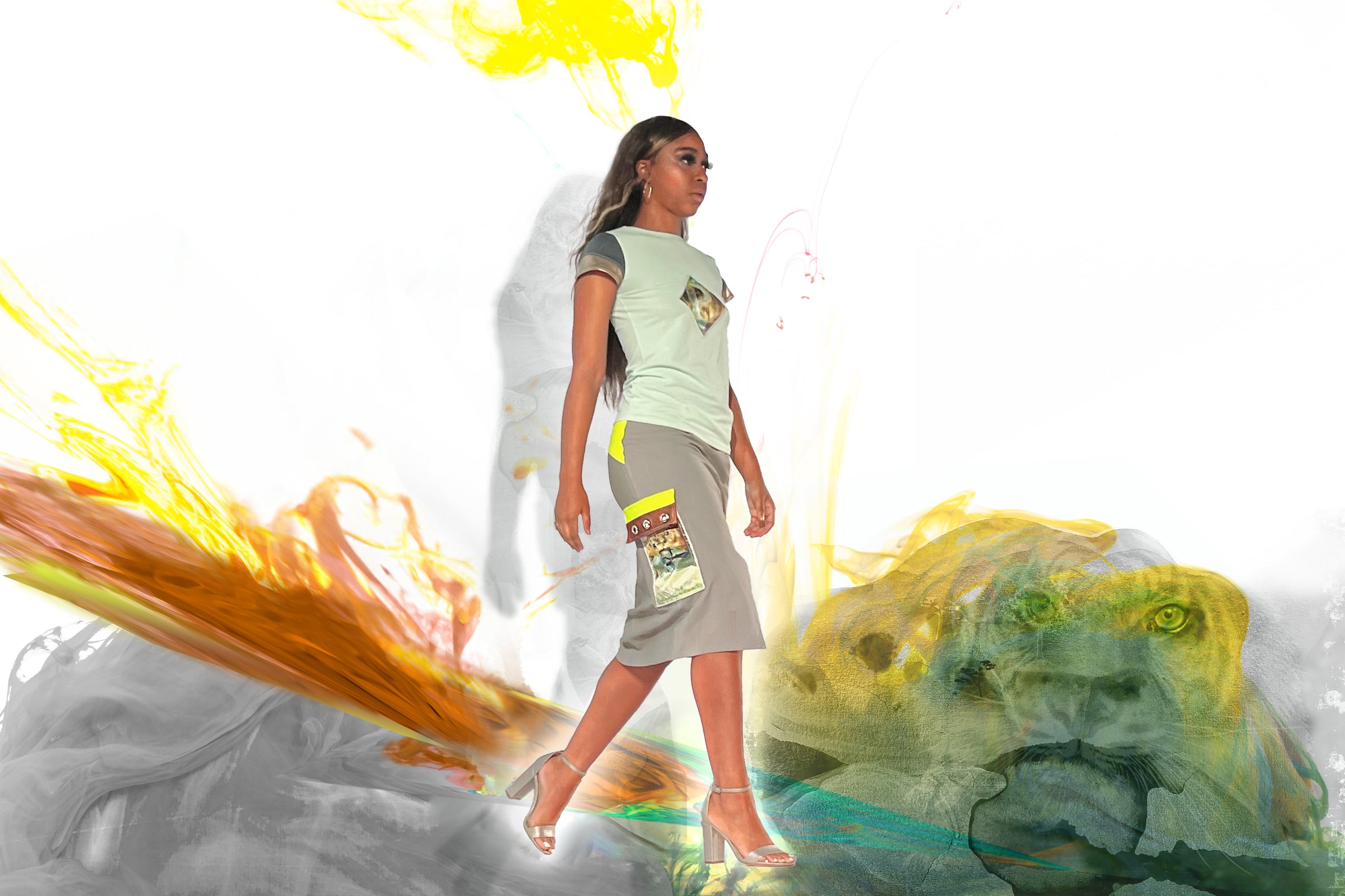 A model wearing Beatta J Collection shirt and a top, walking through the colorful flames with serval's face appearing in the flames. Artistic design.