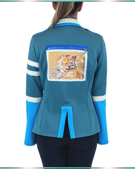 model facing back showing off the artwork on the back of the jacket with the zipper above